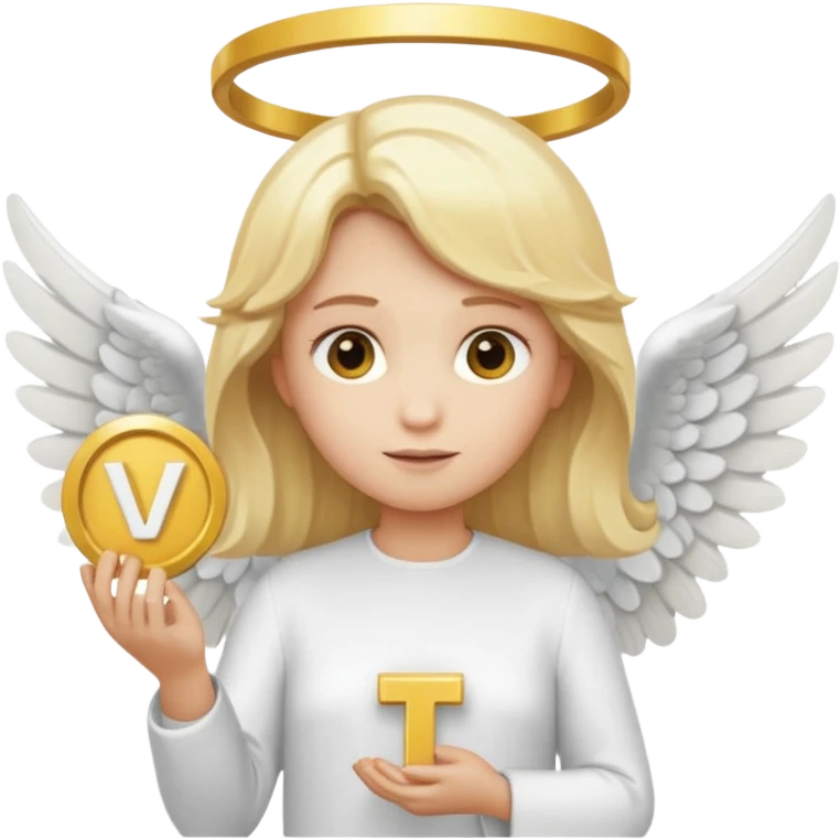 "An angel emoji with blonde hair, a halo, wings, holding a 'COMPARTILHAR' sign in bold letters." emoji