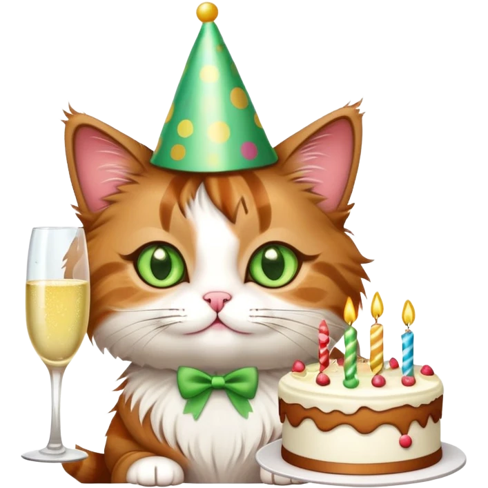 tricolor fluffy cat with big green eyes celebrating her birthday with a cake and champagne emoji