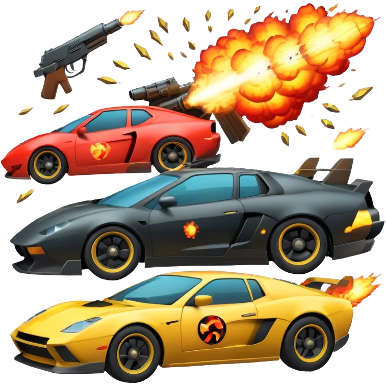 Icon for Action Movies: Close-up collage with dynamic explosions, guns, fast cars, and heroic figures in action poses. Include iconic weapons, dramatic lighting, and high-energy scenes that capture the essence of action films. Vibrant colors and intense motion. Transparent background. emoji