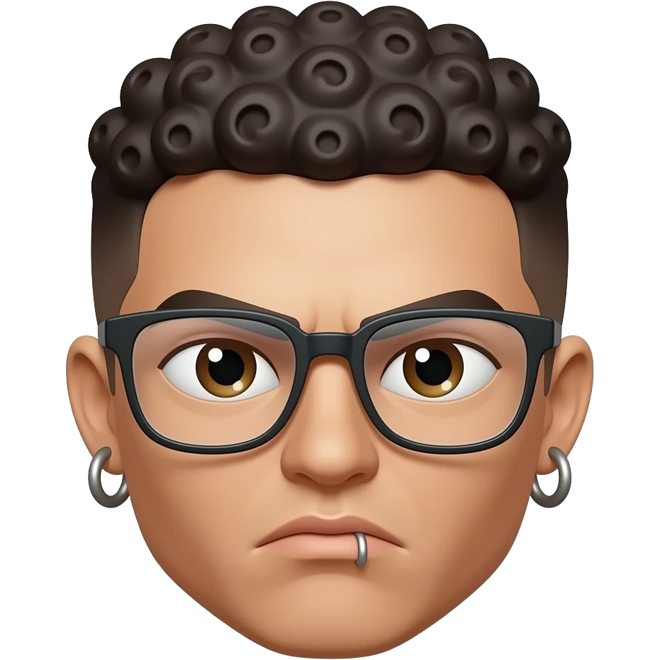 Apple memoji emoji, very short tight curls, clear glasses, hoop earrings, lip ring, frowning eyebrows, serious expression emoji