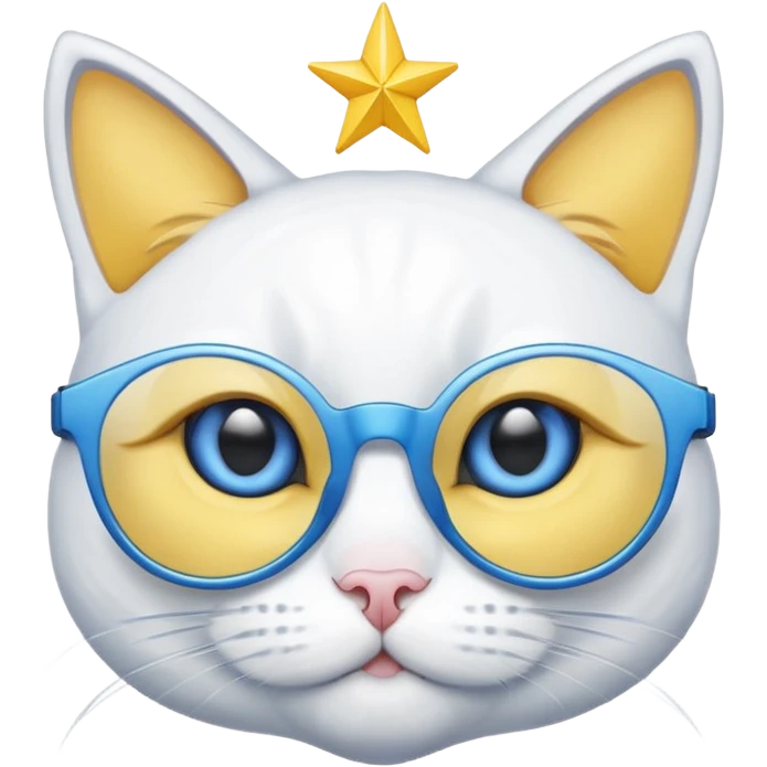White cat with yellow eyes wearing start glasses that’s blue emoji