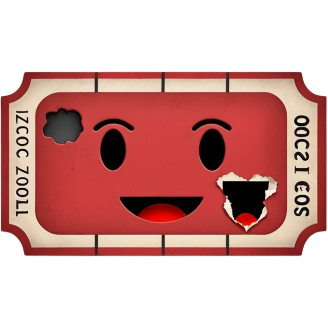 Minimalist emoji-style sticker of an old torn cinema ticket, blood-stained edges and burn holes, grayscale paper

 emoji