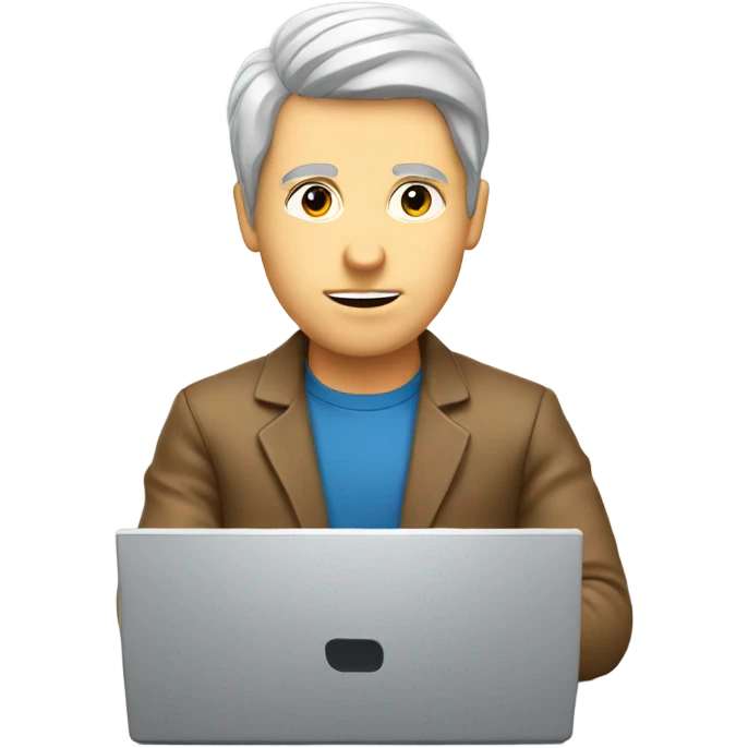 A white man is sitting at a computer with graphs emoji