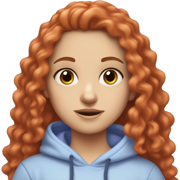 a white girl with long red curly hair, wearing a pastel periwinkle hoodie doing a pose emoji
