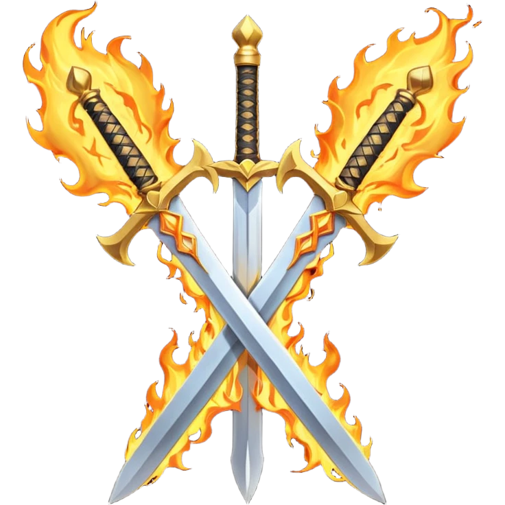 Two powerful on fire fully golden fiery royal crossed swords emoji