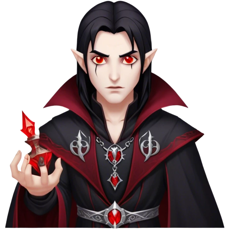 Cinematic Realistic WoW Vampire Mage Portrait, head tilted epicly and inquisitively, showcasing a commanding presence and ancient arcane mastery. His pallid skin and sleek dark hair are set against the intricately detailed black robe—with silver accents and mystical runes—that remains consistent in its shadowed elegance. His piercing crimson eyes blaze with forbidden power, rendered with dramatic, lifelike clarity and high shine, epic and awe-inspiring. emoji