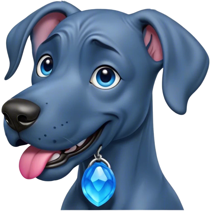 Cinematic Comical Blue Great Dane Portrait Emoji, Head tilted dramatically with an exaggeratedly amused expression, featuring a striking blue Fur with a glossy finish, wide, expressive steel-blue eyes filled with playful disbelief, Simplified yet hilariously expressive features, highly detailed, glowing with a slightly sassy glow, high shine, dramatic yet playful, stylized with an air of cheeky charm, bright and endearing, soft glowing outline, capturing the essence of a spirited and over-the-top guardian, so meme-worthy it feels like it could side-eye its way into internet fame instantly! emoji