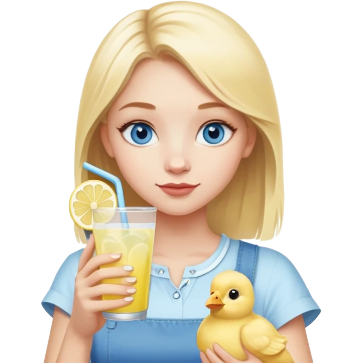 a blonde girl with blue eyes holding a chick-fil-a lemoanade emoji