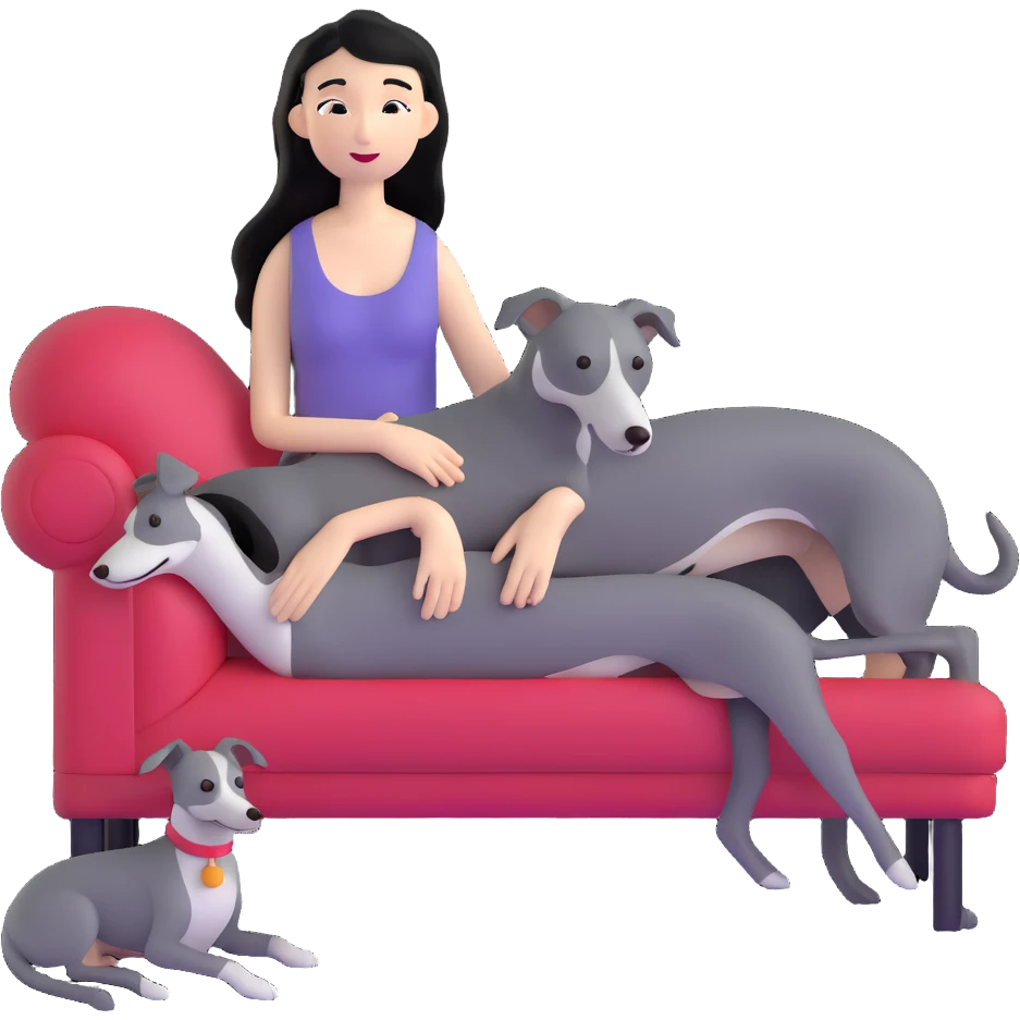Very thin Chinese woman with long black hair relaxing in a luxurious hotel suite with exactly ONE whippet dog. EXTREME IMPORTANCE: the whippet must be ONE SOLID MEDIUM GREY COLOR (not too dark, not too light) from nose to tail with ABSOLUTELY NO WHITE MARKINGS anywhere - NO white on face, NO white on muzzle, NO white on chest, NO white on paws, NO white on tail - NOTHING BUT A SINGLE SHADE OF MEDIUM GREY throughout the entire animal emoji