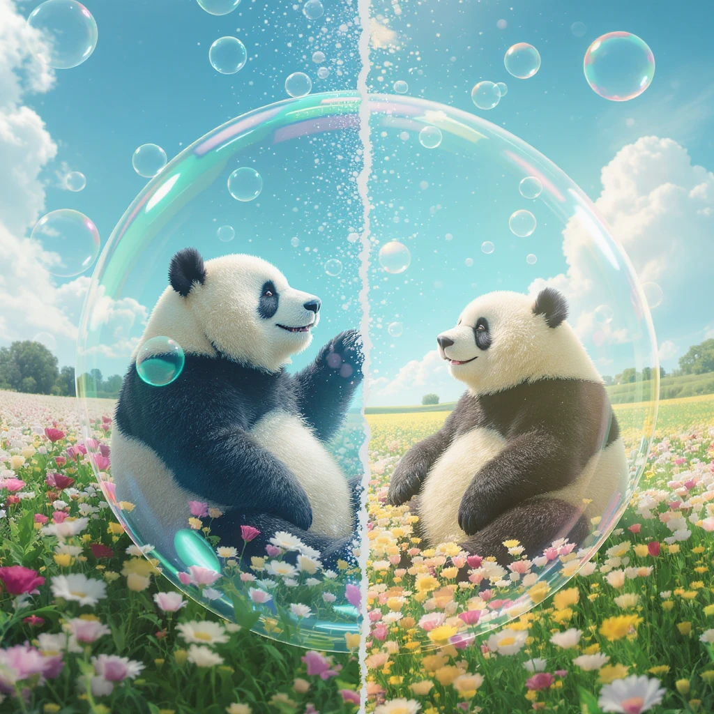 Cinematic still pandas bears sitting inside bubbles flying over field full of flowers, sunny summer day, happy vibe, minimalisic, composition splited to hald (sky and flowers) emoji