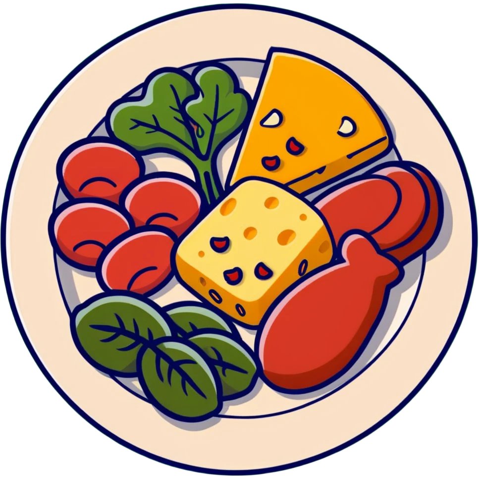 A colorful plate with red meat, chicken, spinach, and cheese arranged together. emoji