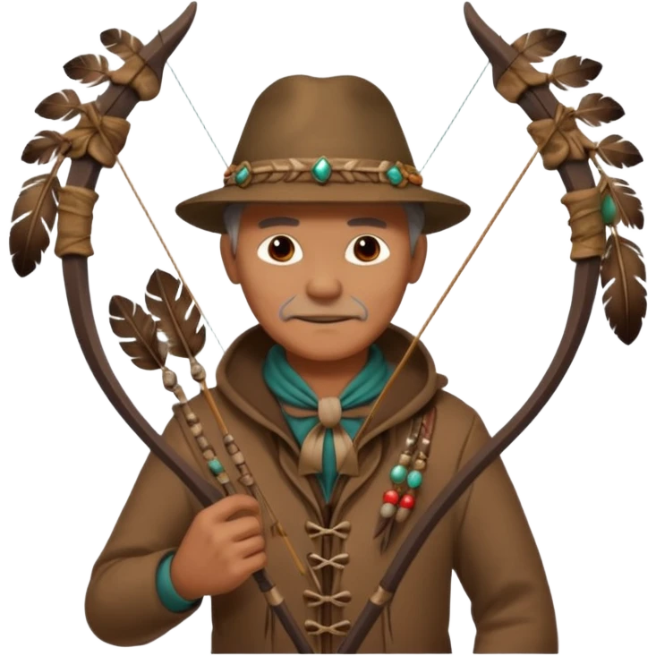 The classic image of a middle-aged uncle hunter carrying a bow, dressed in brown clothes, with some ornaments made of feathers, bones or teeth on his body. emoji