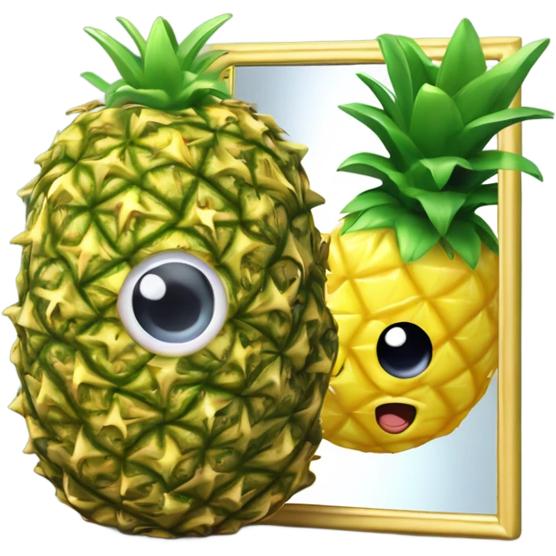 3D elegant pineapple🍍  with big shiny eyes 👀 pineapple holds mirror with its reflection 🪞🍍 emoji