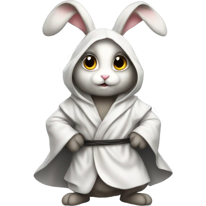 A white rabbit, fluffy, sitting on the ground,big eyes. in a metal robe emoji