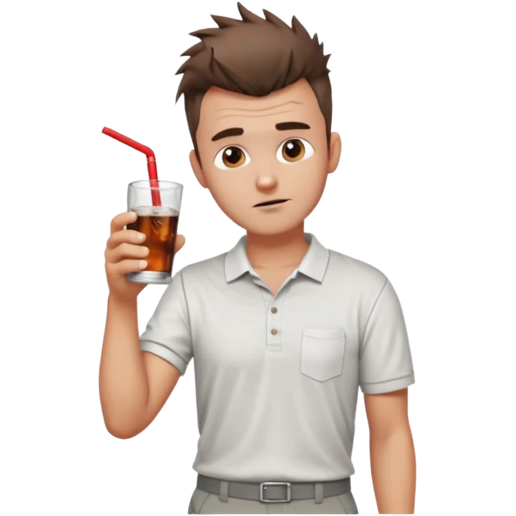 Handsome male.short messy brown hair.mowhawk hairstyle. wearing white golf shirt.grey shorts. Drinking brandy and coke . Drunk. No straw emoji