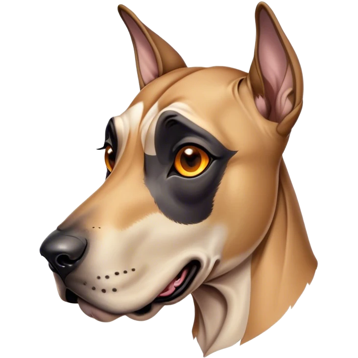 Cinematic Comical Fawn Great Dane Portrait Emoji, Head tilted dramatically with an exaggeratedly amused expression, featuring a sleek fawn coat with a subtle dark mask, wide, expressive amber eyes filled with playful disbelief, Simplified yet hilariously expressive features, highly detailed, glowing with a slightly sassy glow, high shine, dramatic yet playful, stylized with an air of cheeky mischief, bright and endearing, soft glowing outline, capturing the essence of a spirited and over-the-top guardian, so meme-worthy it feels like it could side-eye its way into internet fame instantly! emoji