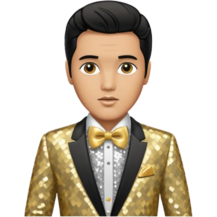 Elvis Presley with silver sequin shirt with gold bow tie, gold sequin suit emoji