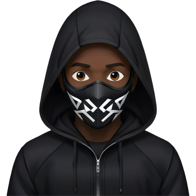 man with black hooded jacket and a black full-face geometric mask emoji