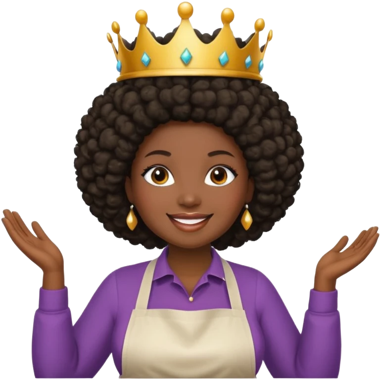 Mujer curvy afro, con vestimenta cómoda y delantal,con una corona sobre su cabeza y sonrisa contagiosa.  emoji
