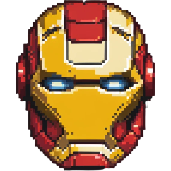 Iron Man face helmet in pixel art style, red and gold superhero mask emoji