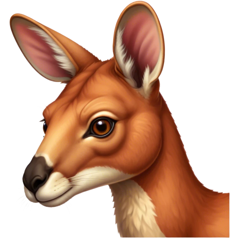 Cinematic Noble Adult Red Kangaroo Portrait Emoji, Poised and regal, with a robust, muscular build, tawny reddish fur, and a distinctive red kangaroo-shaped head featuring a slightly elongated snout, prominent ears, and keen, observant eyes, Simplified yet sharp and sophisticated features, highly detailed, glowing with a warm, sunlit glow, high shine, intelligent and commanding, stylized with an air of outback authority, focused and vigilant, soft glowing outline, capturing the essence of a watchful guardian that seems ready to bound out of the screen with effortless power! emoji