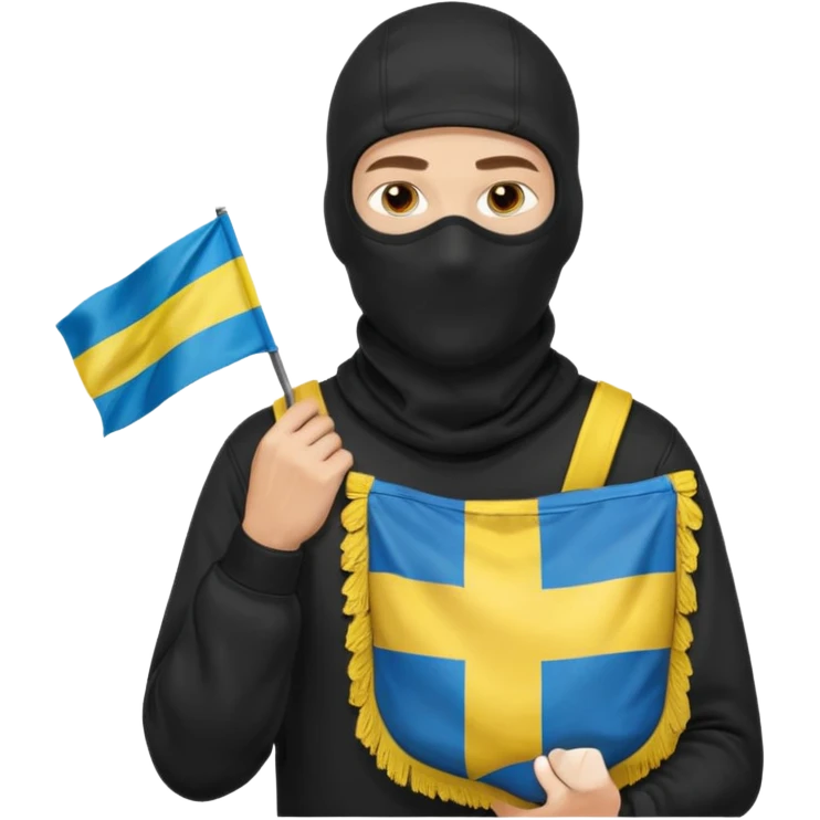 создай реалистичного белого украинца в черное одежде и черной балаклаве и в руках большой мешок с флагом украины на нем emoji