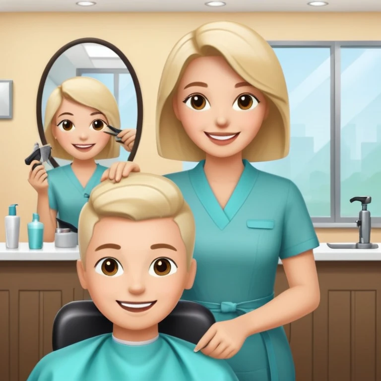 happy woman getting a haircut in a welcoming salon, both client and hairstylist smiling, no threatening elements emoji