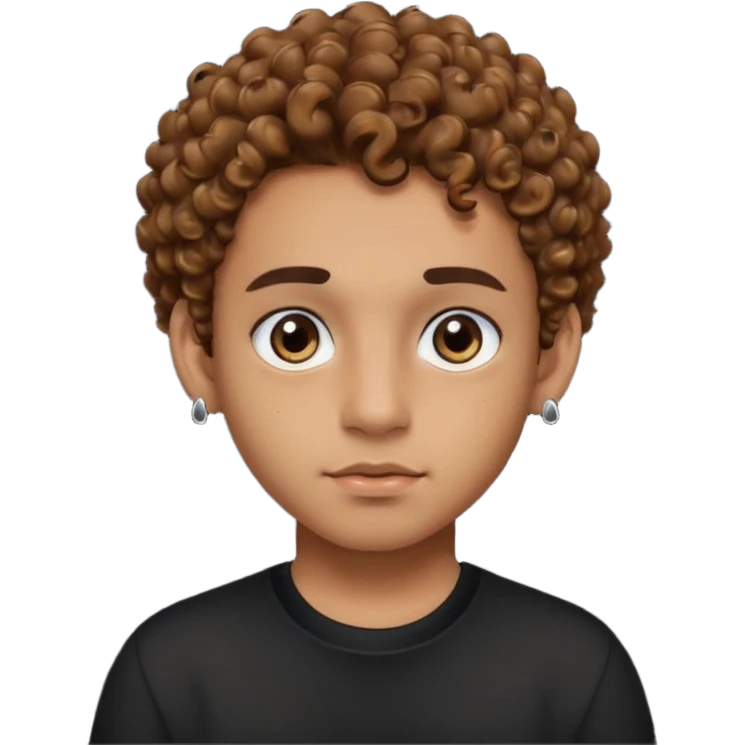 caramel skin boy with color bear brown curly hair with fade on the sides and thick eyebrows with a black shirt and small stud earrings with black colored eyes and a cheek mole emoji