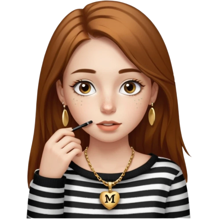 Chica guapa con pecas debajo del labio, pestañas largas con rímel, cejas finas y peludas, pelo marrón medio largo, piercing en la nariz, collar dorado con una "M" y jersey negro de rayas blancas con un hombro descubierto. emoji