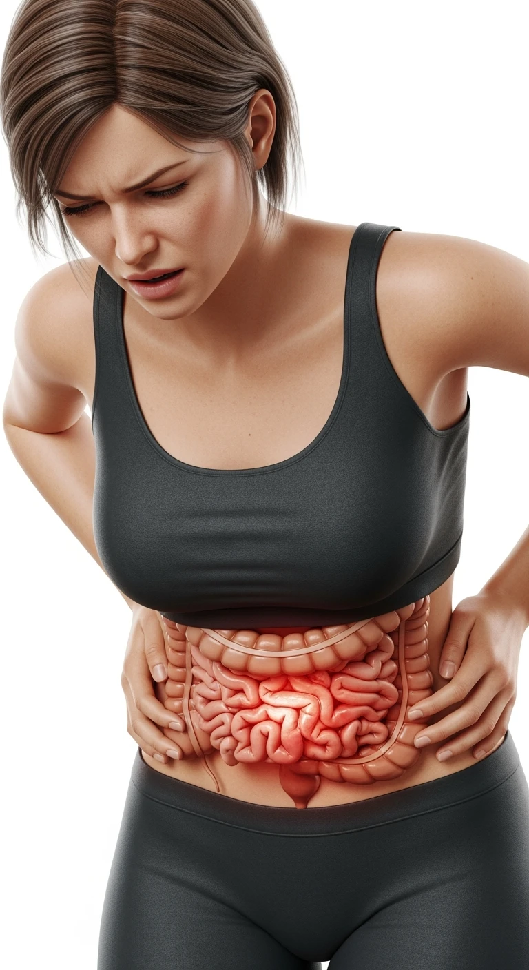UNA DONNA REALISTICA con mal di pancia, INTESTINO ANATOMICO INFIAMMATO VISIBILE, MAL DI PANCIA, ISOLATA SU SFONDO BIANCO, IPERREALISTICA 4K emoji
