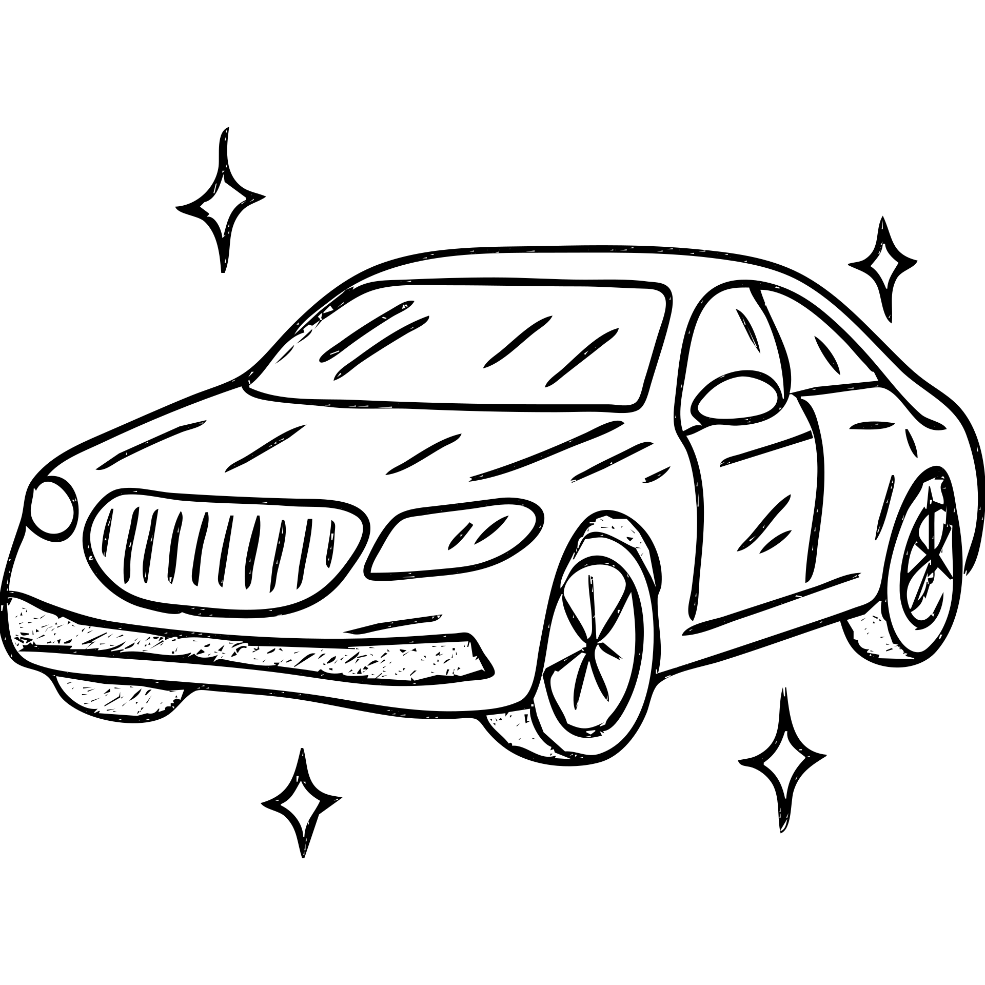 hand-drawn outlined icon of a luxury car, glossy black with multiple small stars and strong reflections, impeccable perfectly clean finish, clean and modern emoji