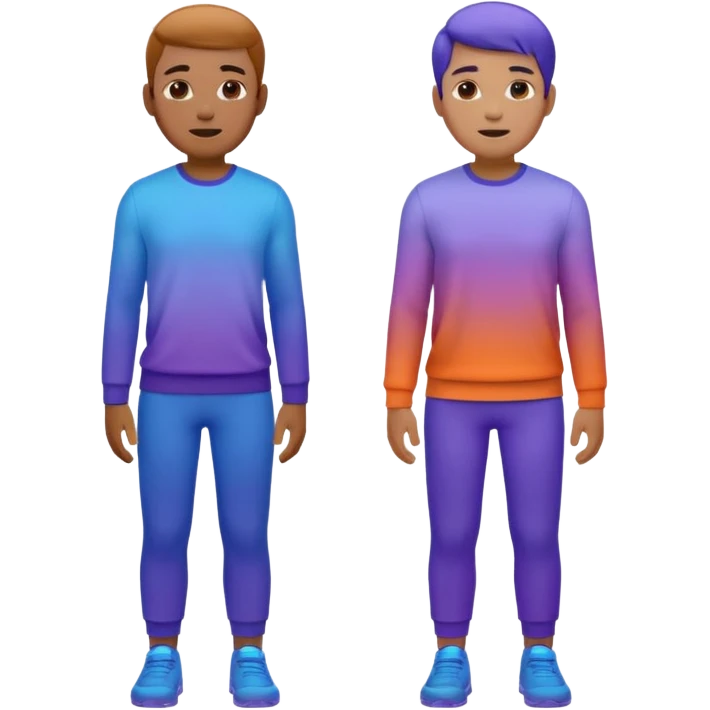 Keep the two male characters realistic, no simplification. Recolor their clothes into the gradient palette (blue, violet, orange), matching the style of the travel emoji pack. White or transparent background. emoji