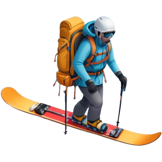 Icon for Mountain Tourism: a snow-covered peak in the distance, with skis, a snowboard, climbing gear, a backpack, and a camera. The icon should represent the adventure and exploration of mountain landscapes. Transparent background. emoji