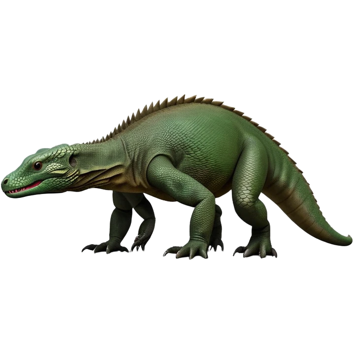 cinematic-komodo-dragon-realistic-full-body-standing on all fours-emoji,-massive-scaled-body-poised-with-quiet-power,-rough-textured-skin-dark-green-and-dark brown, black,-head-tilted-dramatically,-long-forked-tongue-flicking-out,-simplified-yet-realistic-focused-features,-highly-detailed,-glowing-with-an-almost-sarcastic-glow

 emoji