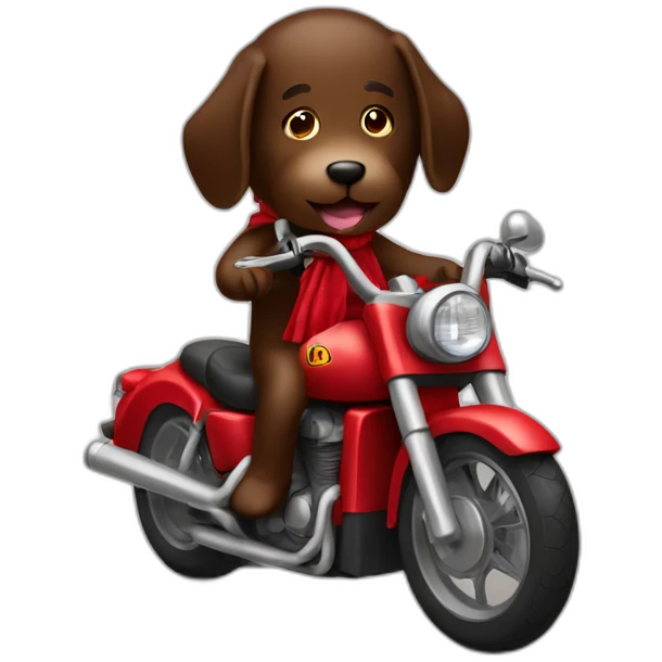 A chocolate brown doodle wearing a red and black handkerchief riding a motorcycle emoji