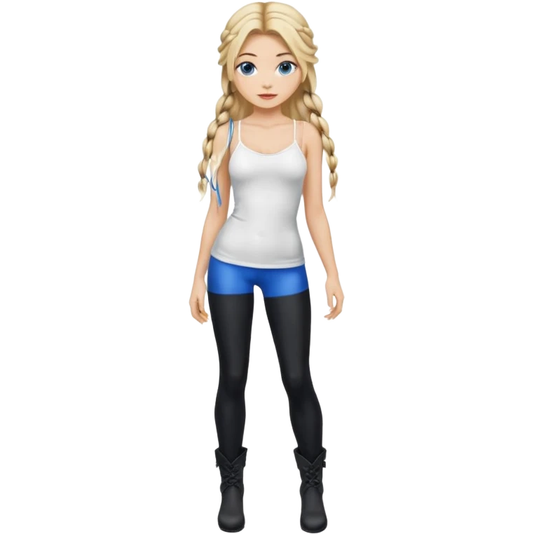 Blonde model balayage  With highlights long hair half braids women with blue eyes wearing White Spaghetti top and black Leggins and Boots with heels emoji