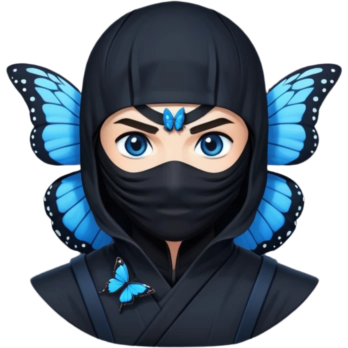 Emoji para usar en WhatsApp con estos dos emoji 🥷🏻 🦋.
Ninja vestido de negro con los ojos negros y con la piel blanca y una mariposa azul posada en su hombro izquierdo como si la mariposa estuviera volando en el hombro. emoji