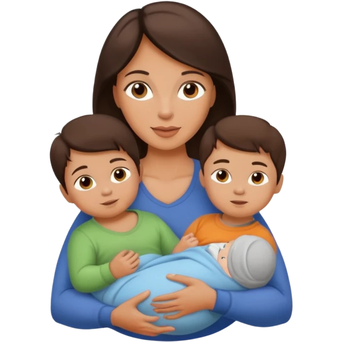 Beautiful fit Brunette Mother holding a baby and two sons, realistic  emoji