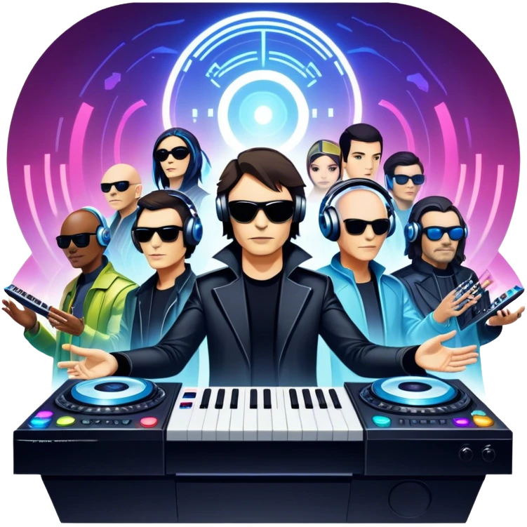 Icon for Electronic Music: Jean-Michel Jarre, Moby, DJ Tiesto, and Jorn van Deynhoven performing with synthesizers, turntables, and futuristic lighting effects. The design should evoke the vibrant and immersive atmosphere of electronic music festivals. Transparent background. emoji