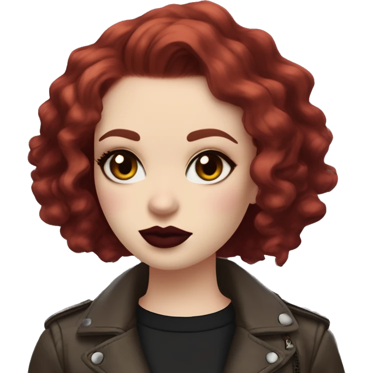 Girl with very pale skin, bright red curly short hair with a side part, black cat-eye makeup, long eyelashes, dark maroon blush and lipstick.  Her eyebrows are dark, arched and very high.  Hazel eyes. Big lips. Thin. Wearing a biker jacket  emoji