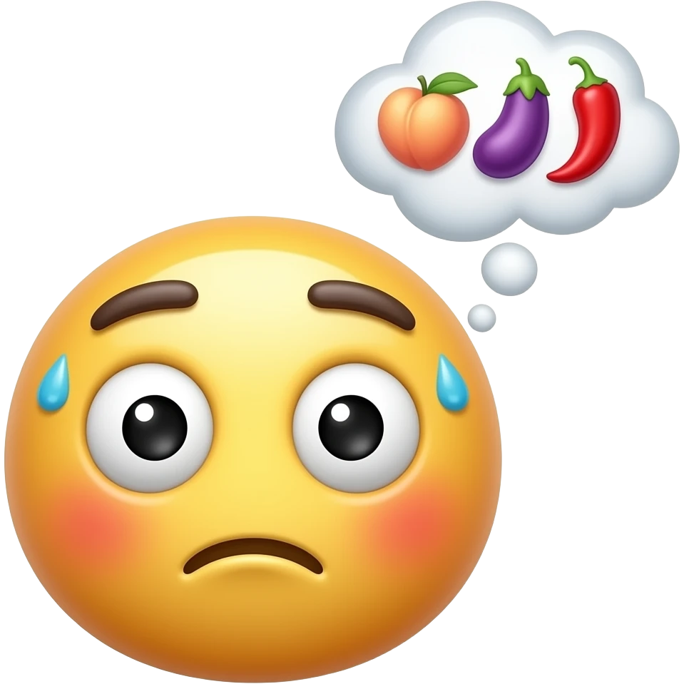 A glossy 3D emoji face caught in a naughty thought, wide eyes, red cheeks, sweat drops, thought bubble with peach, eggplant, chili pepper and hearts, dirty-minded meme sticker vibe, clean transparent background, soft shadow, high quality, no text, no watermark emoji