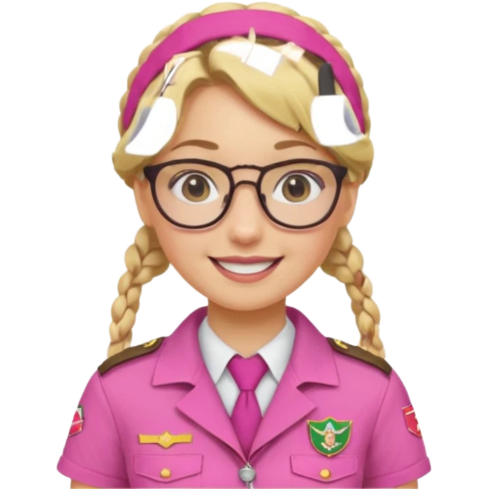 scout girl with pink scout uniform i, blonde braided haired and glassess emoji