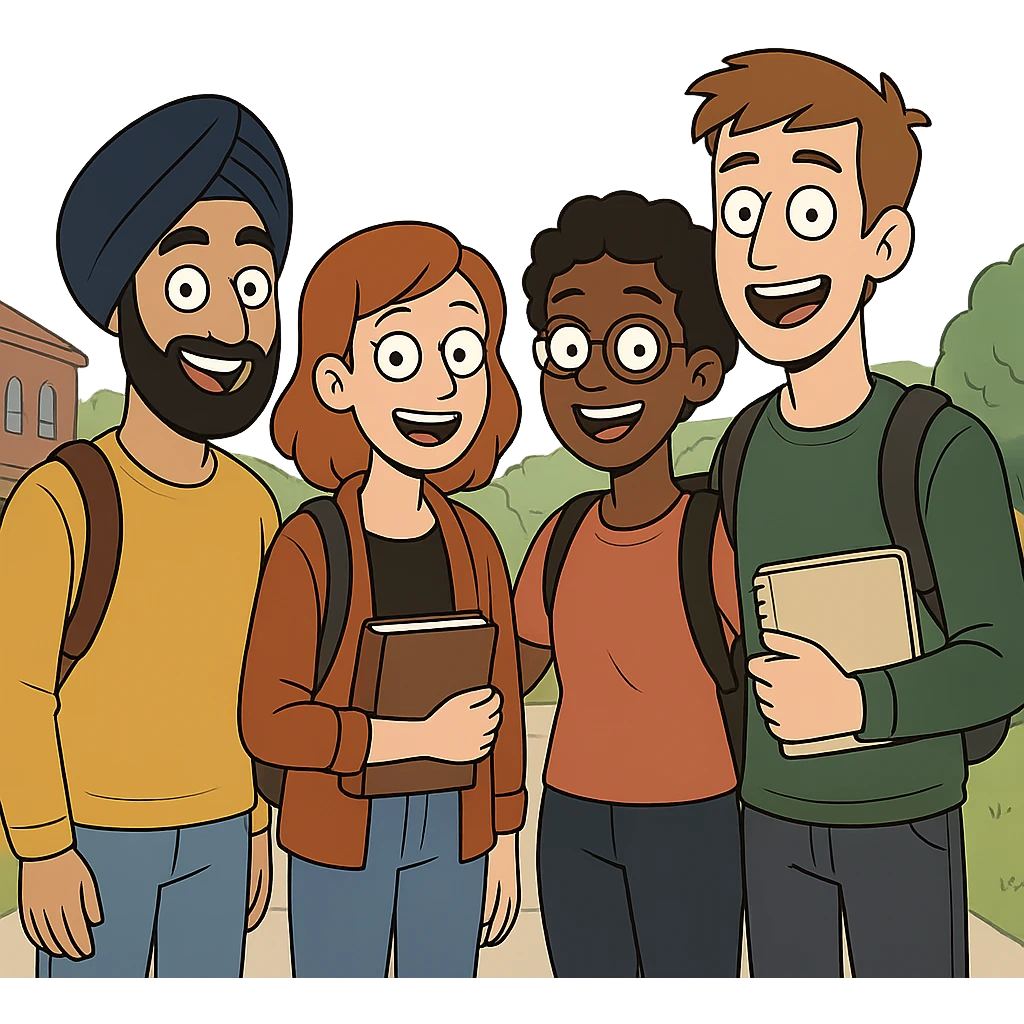 university sikh boy cartoon style standing with friends diverse group turban cheerful outdoor university setting emoji