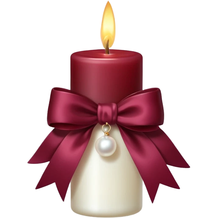 A delicate burgundy candle with a pearl bow, the candle shines radiantly and with a soft glow emoji