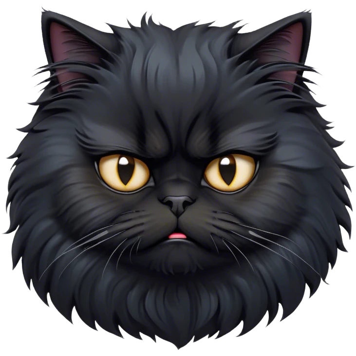 Cinematic Grumpy Frazzled Black Persian Cat Portrait Emoji, Head tilted with an exaggeratedly grumpy expression, fluffy black fur with hints of silver and deep undertones, Simplified yet hilariously frazzled features with large, expressive eyes, highly detailed, glowing with a warm but irritated glow, high shine, a mix of annoyed and disheveled, stylized with a touch of humor, bright but with a completely frazzled and grumpy face, soft glowing outline, capturing the essence of a quirky yet grumpy kitty, so endearing it feels like it could leap out of the screen and demand attention with its wonderfully grumpy, frazzled charm! emoji