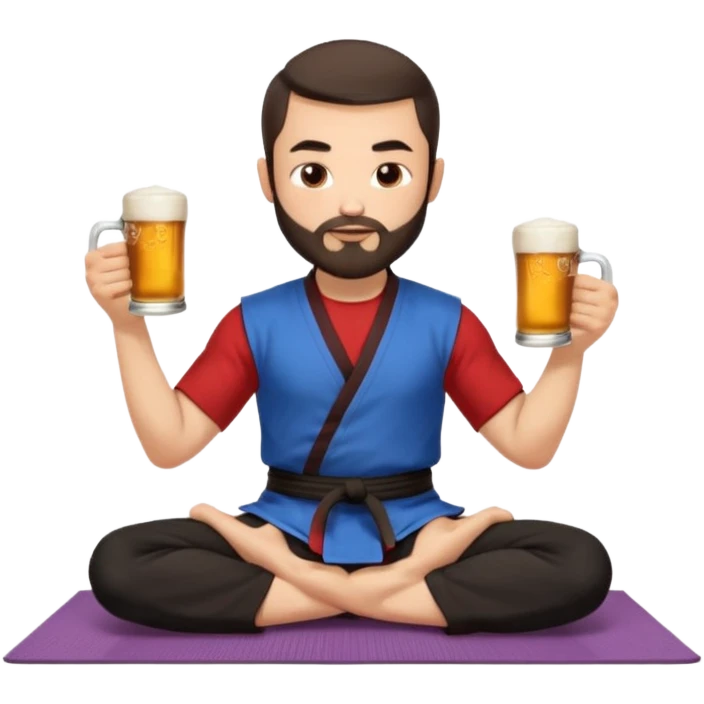 slavic guy with dark brown hair and beard, sitting in yoga pose on a mat, kung fu clothes, short dark hair, holding beer mugs in two hands, sitting emoji