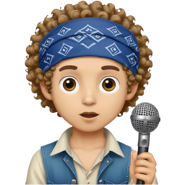 light skin boy with bandana on head and curly hair and HUGE eyes and holding a microphone emoji