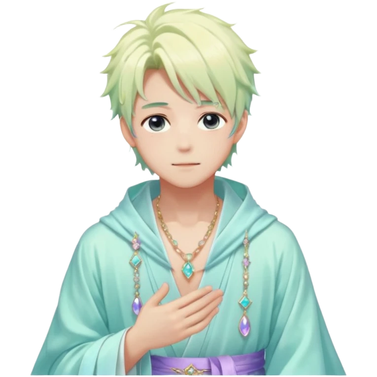 Beautiful gorgeous romantic blushing youthful handsome anime guy with beautiful iridescent-pastel-whitish-special-gently-tousled-hair, fashion aesthetic, ethereal, fairycore, pastelcore, layered robes, accessories, jewelries, colorful, shiny, trending style, outside emoji