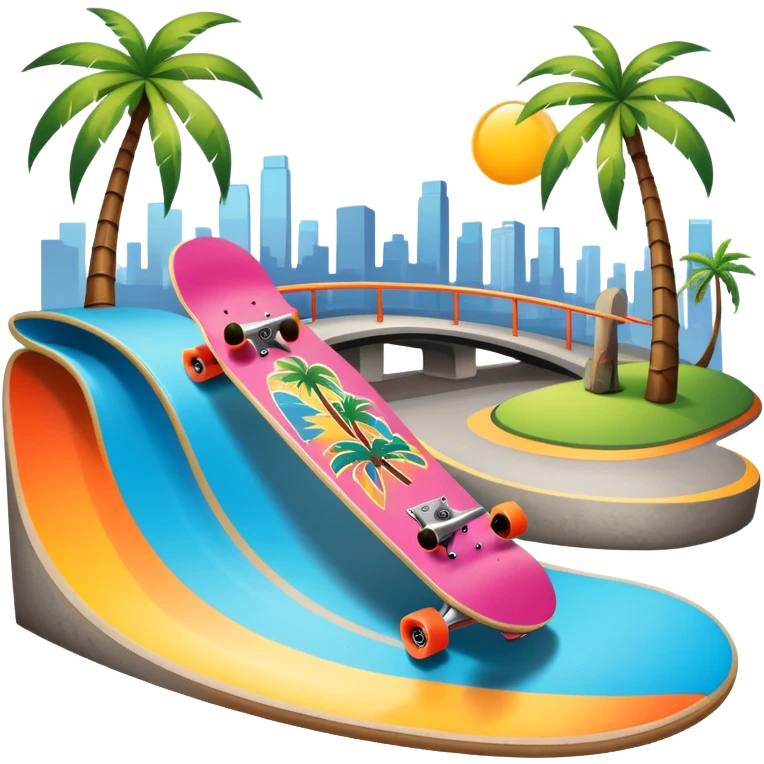 An icon featuring a skateboard resting on a smooth concrete surface. The background shows a sunny skate park with ramps, graffiti walls, and palm trees, creating an urban vibe. The skateboard is designed with vibrant colors and unique graphics. Transparent background  emoji