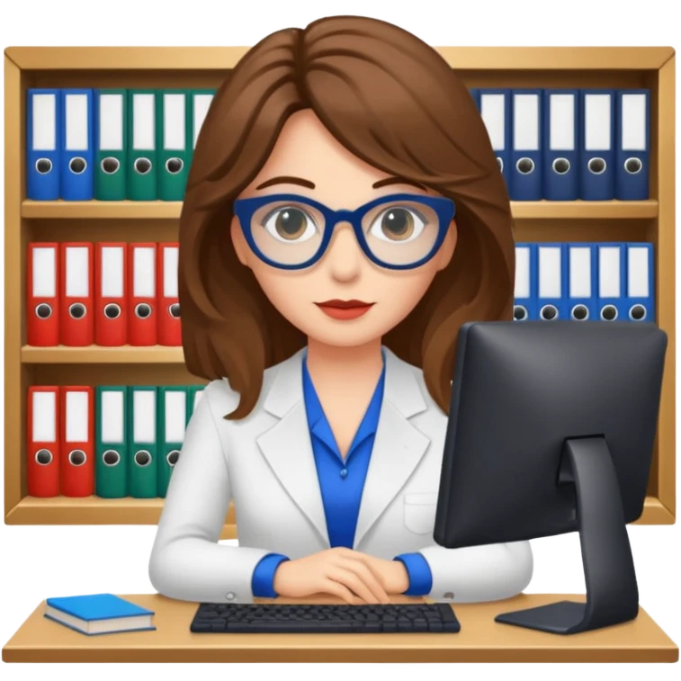 donna bella, occhi azzurri con occhiali, capelli medi, lisci e biondi, lavora al pc. sullo sfondo una libreria emoji